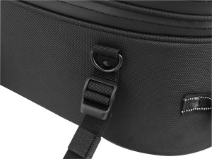 Photo showing zipper, d-ring and mounting strap/buckle